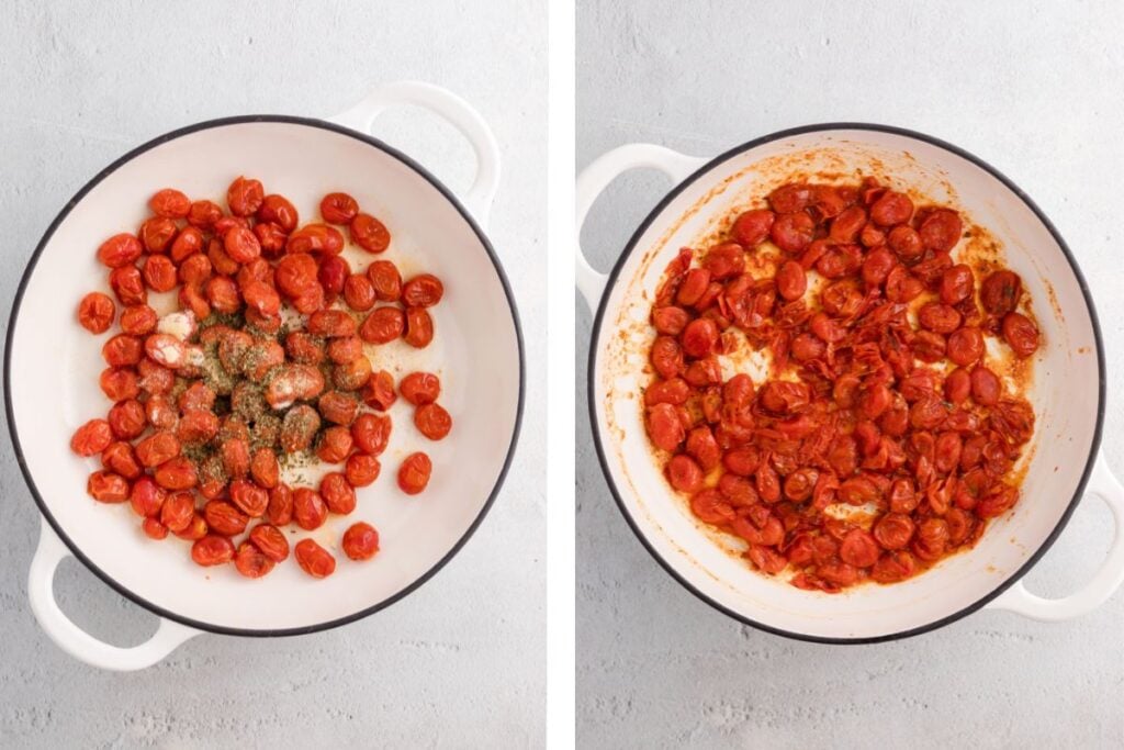 Side-by-side images of cherry tomatoes cooking in a white pot, before and after being seasoned and cooked down.