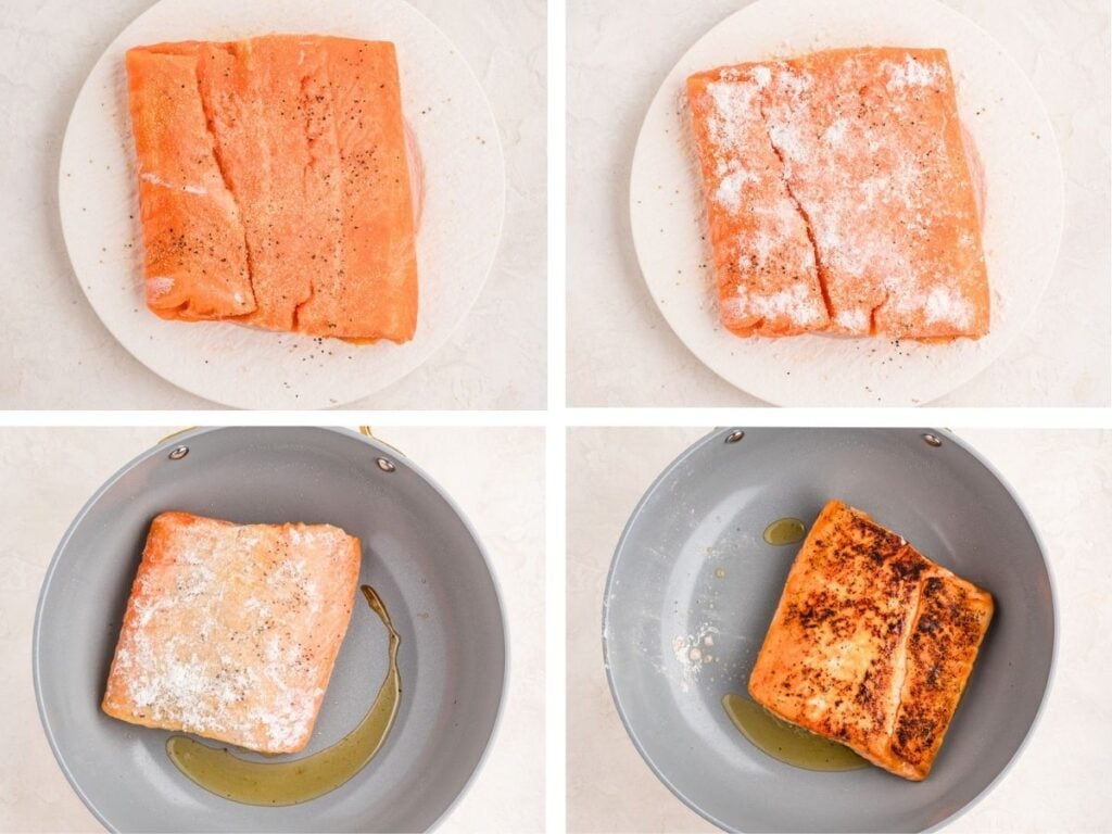 Four-step collage: seasoned salmon fillet, salmon with flour, in a pan with oil, then pan-seared golden brown.