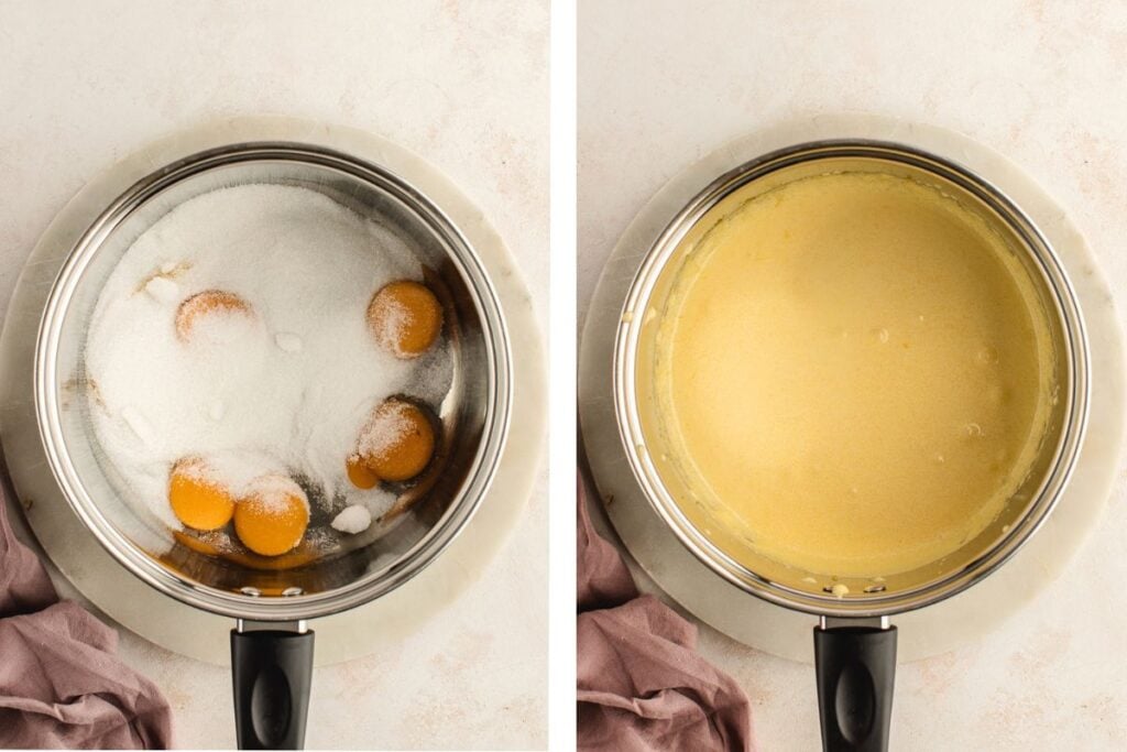 Side-by-side bowls: eggs and sugar on the left, blended pale yellow mixture on the right.