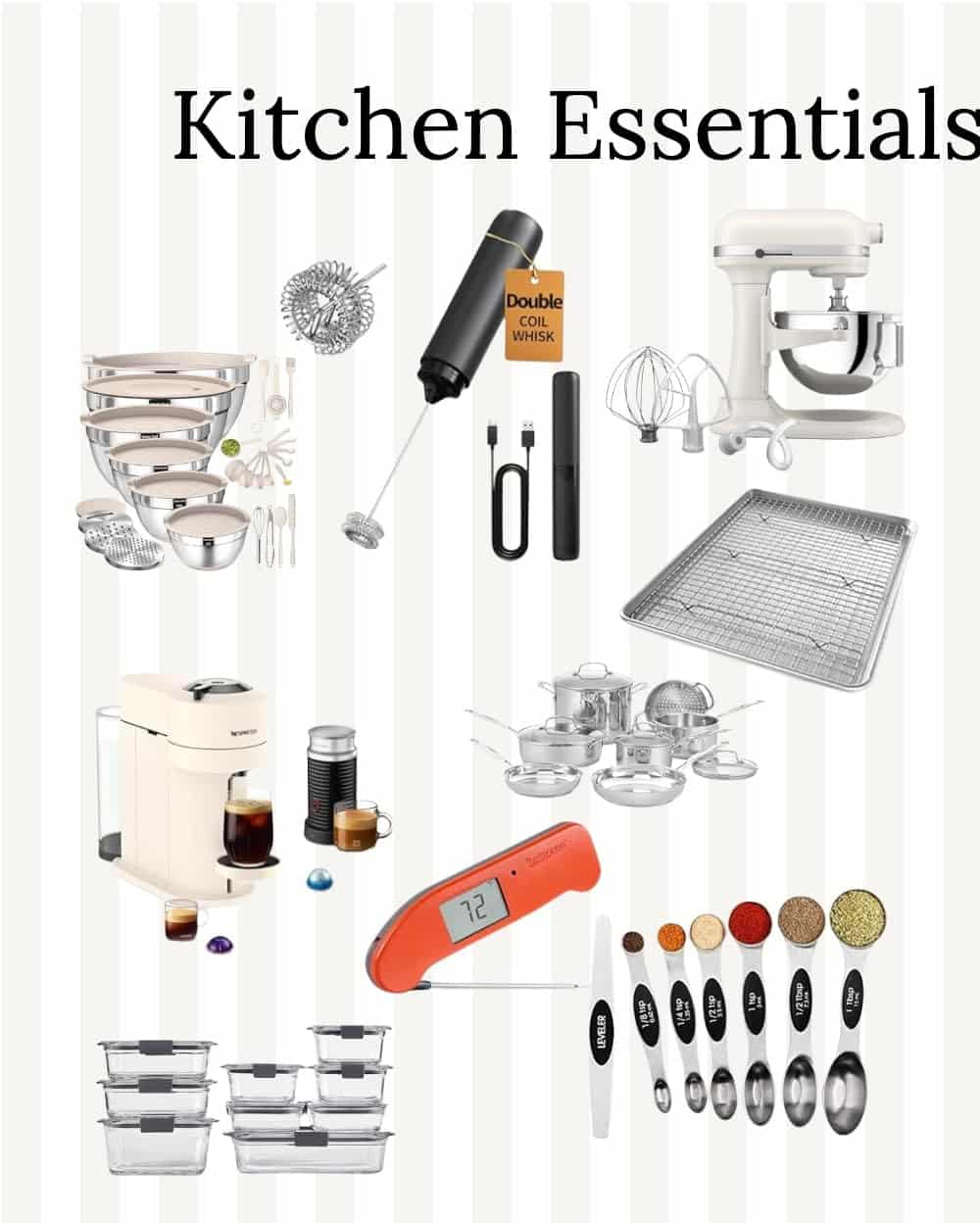 Collage of kitchen essentials, including utensils, mixer, coffee maker, storage containers, and measuring spoons.