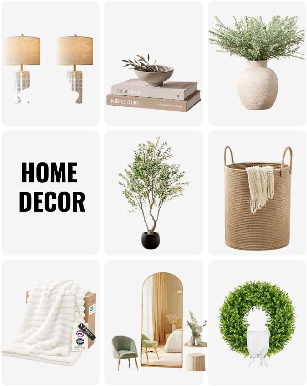 Collage of home decor items: lamps, plants, basket, blanket, mirror, chair, and the text "HOME DECOR.