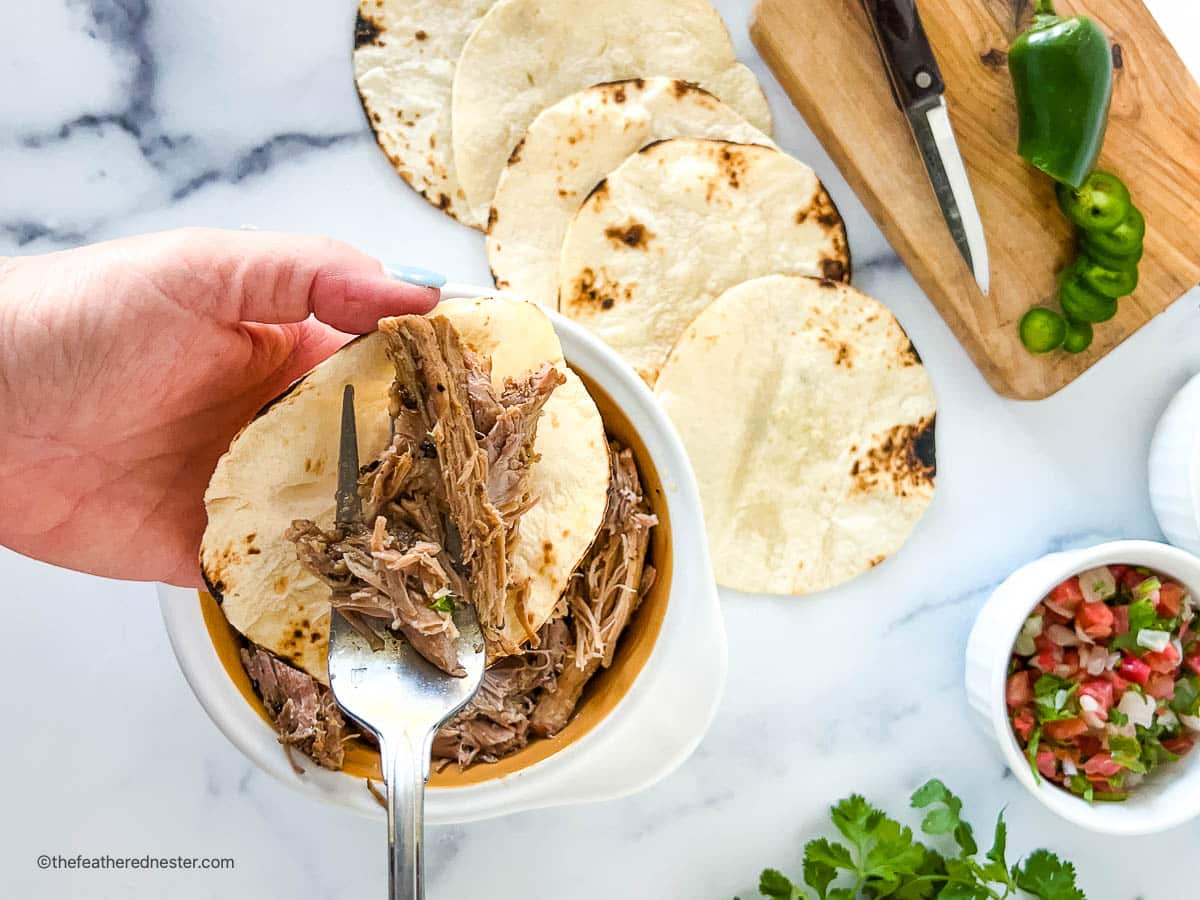 Hand holding a taco with shredded meat over tortillas, with salsa, jalapeño, and cilantro on the side.
