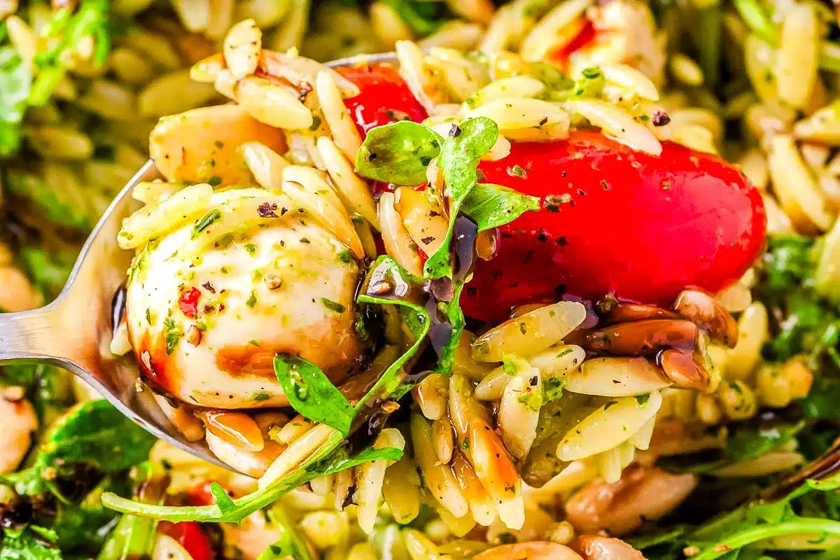 A close-up of a spoonful of orzo pasta salad with mozzarella, tomatoes, greens, and herbs.
