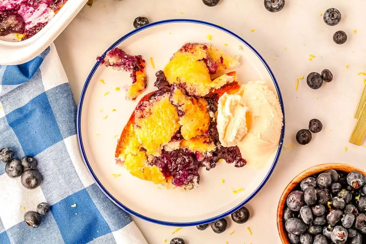 A plate with blueberry cobbler and a scoop of vanilla ice cream, surrounded by fresh blueberries.