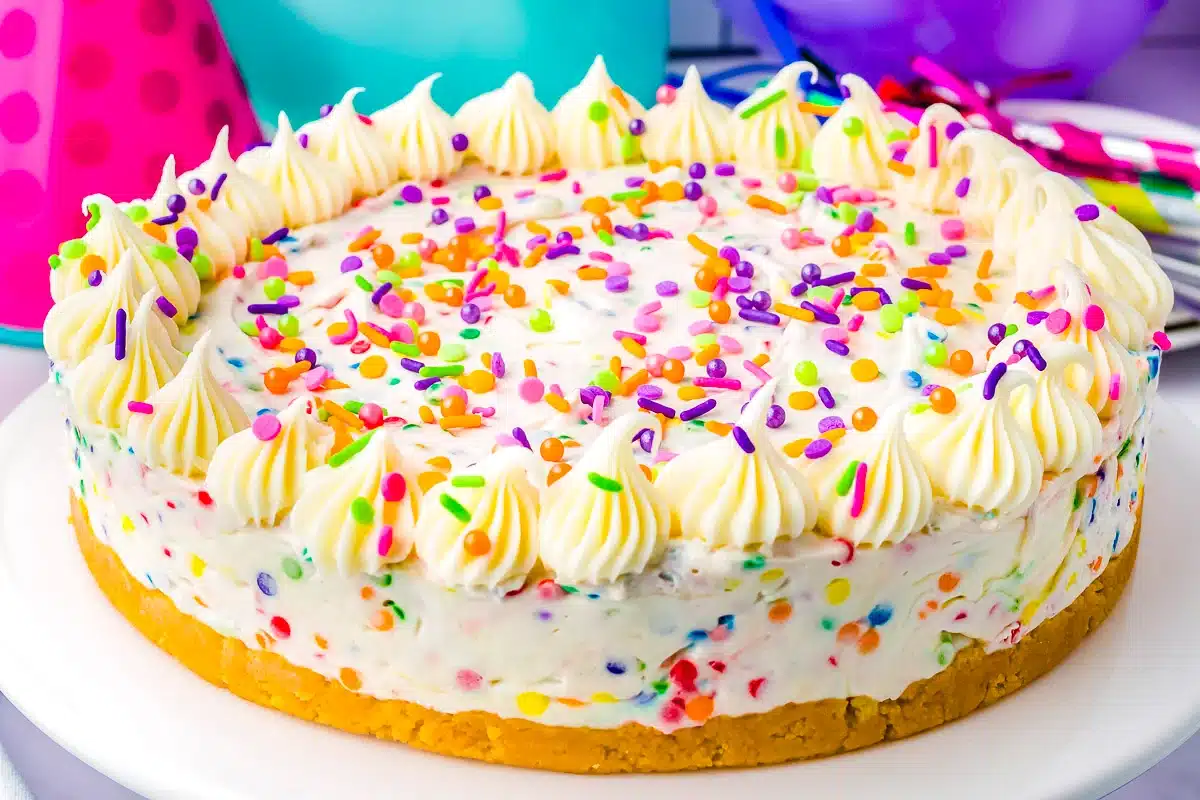 A colorful sprinkle cheesecake with whipped cream swirls on top, displayed on a white plate.