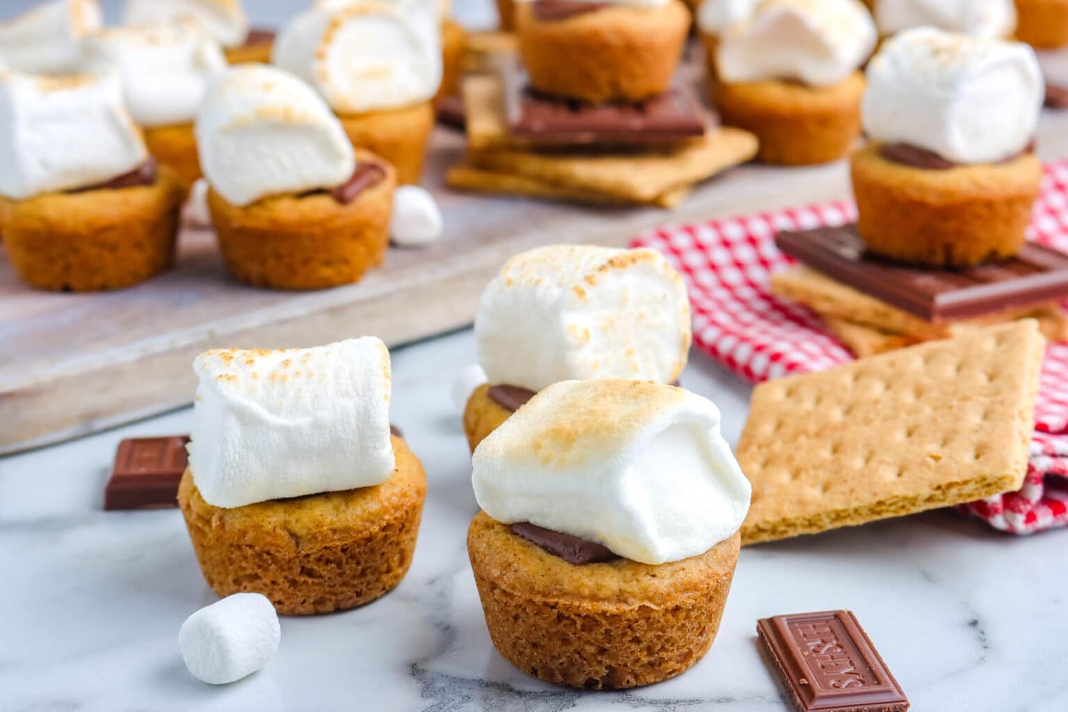 S'mores cookie cups topped with toasted marshmallows and chocolate, with graham crackers in the background.