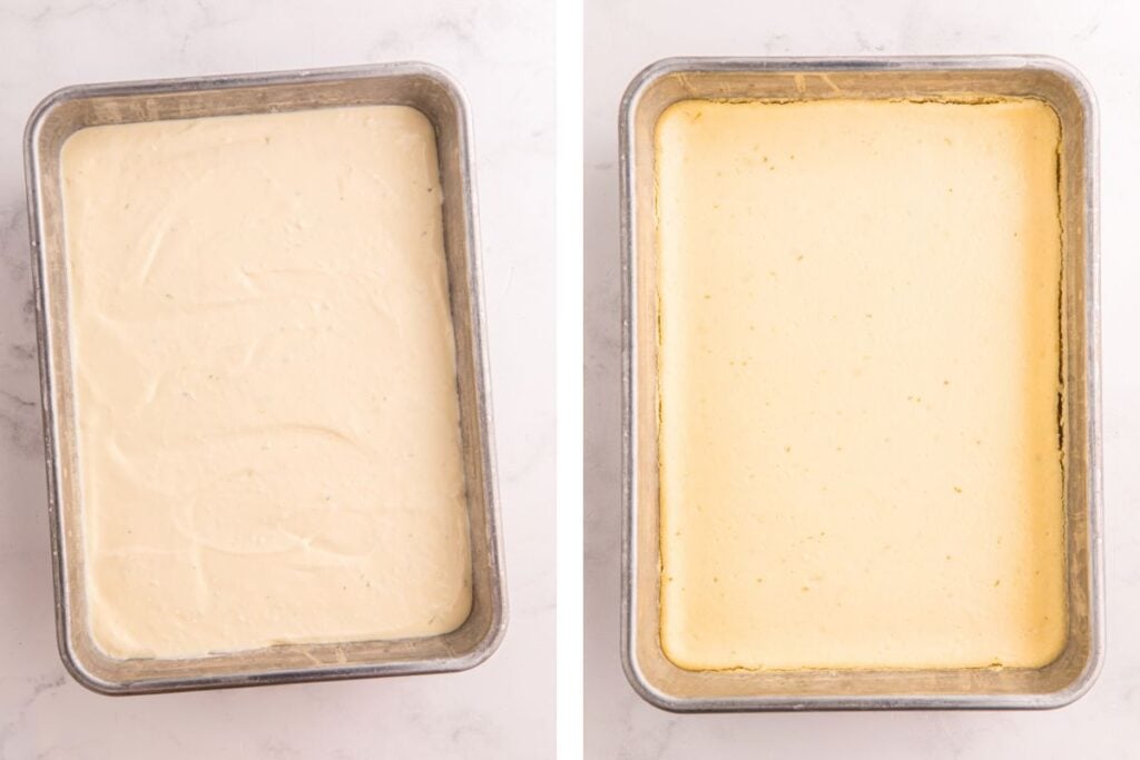 Side-by-side of cheesecake batter in a pan before baking (left) and after baking (right) on a light surface.
