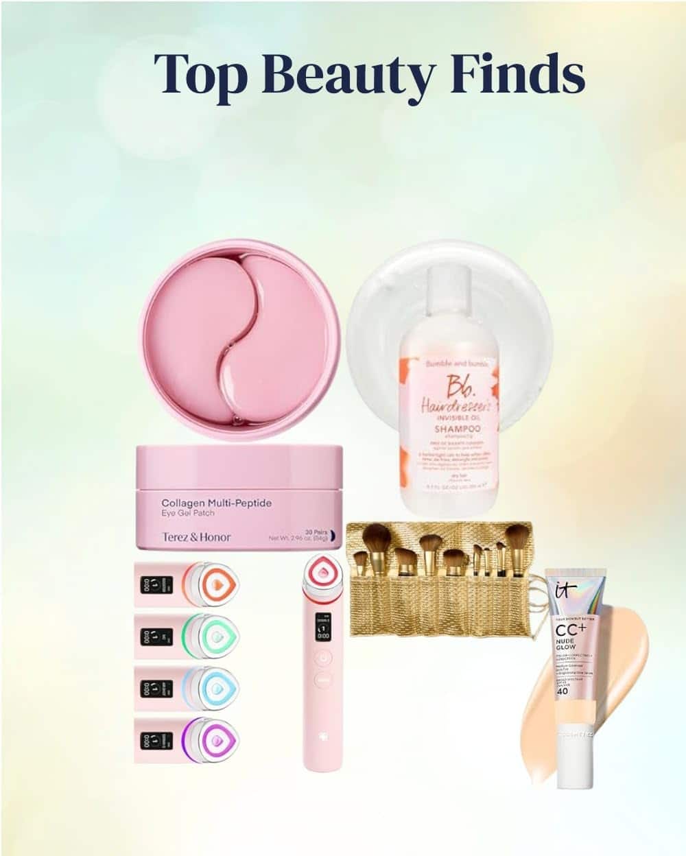 A collage of beauty products including eye gels, shampoo, makeup brushes, CC cream, and skincare devices.