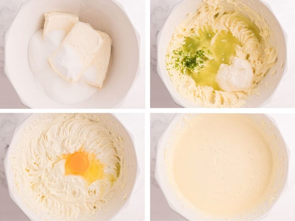 Four mixing bowls showing stages of cheesecake batter: ingredients, mixing, adding egg, and smooth batter.