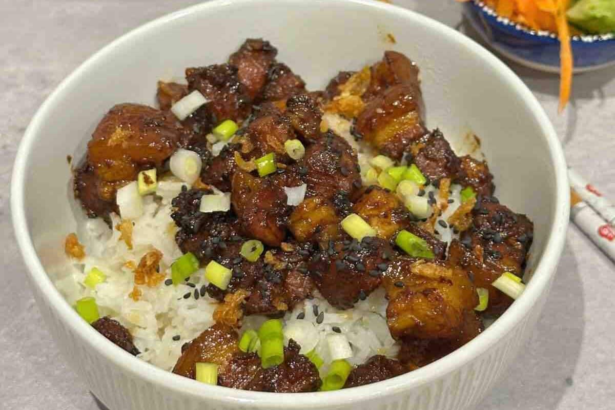 A bowl of rice topped with braised pork, chopped green onions, and black sesame seeds.
