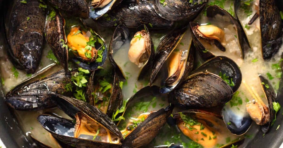 Steamed mussels in broth, garnished with chopped parsley, served in a black bowl.