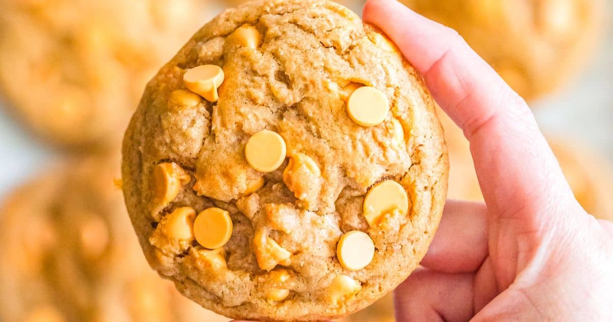 A hand holding a cookie with butterscotch chips on top, with more cookies in the blurred background.