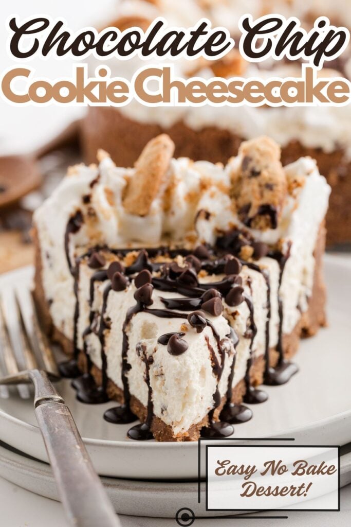 A slice of chocolate chip cookie cheesecake topped with chocolate chips, cookie pieces, and chocolate drizzle.