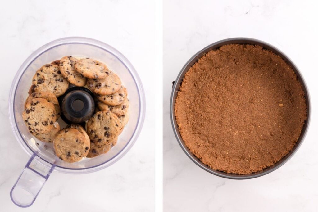 Left: Chocolate chip cookies in a food processor. Right: Crushed cookie crust pressed into a round pan.