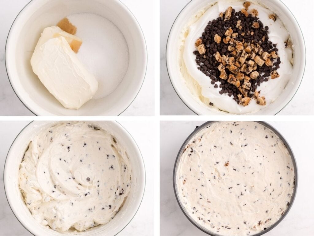 Four steps of making cookie dough cheesecake: mixing ingredients, adding chips, blending, and spreading in a pan.