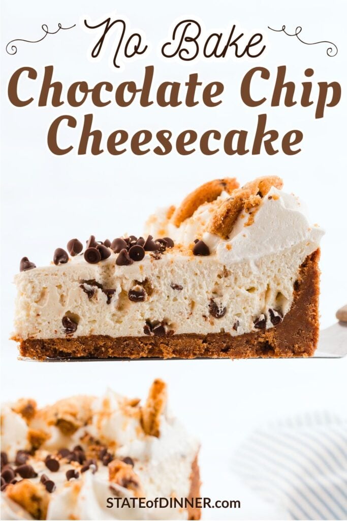 A slice of no-bake chocolate chip cheesecake topped with whipped cream and chocolate chips.