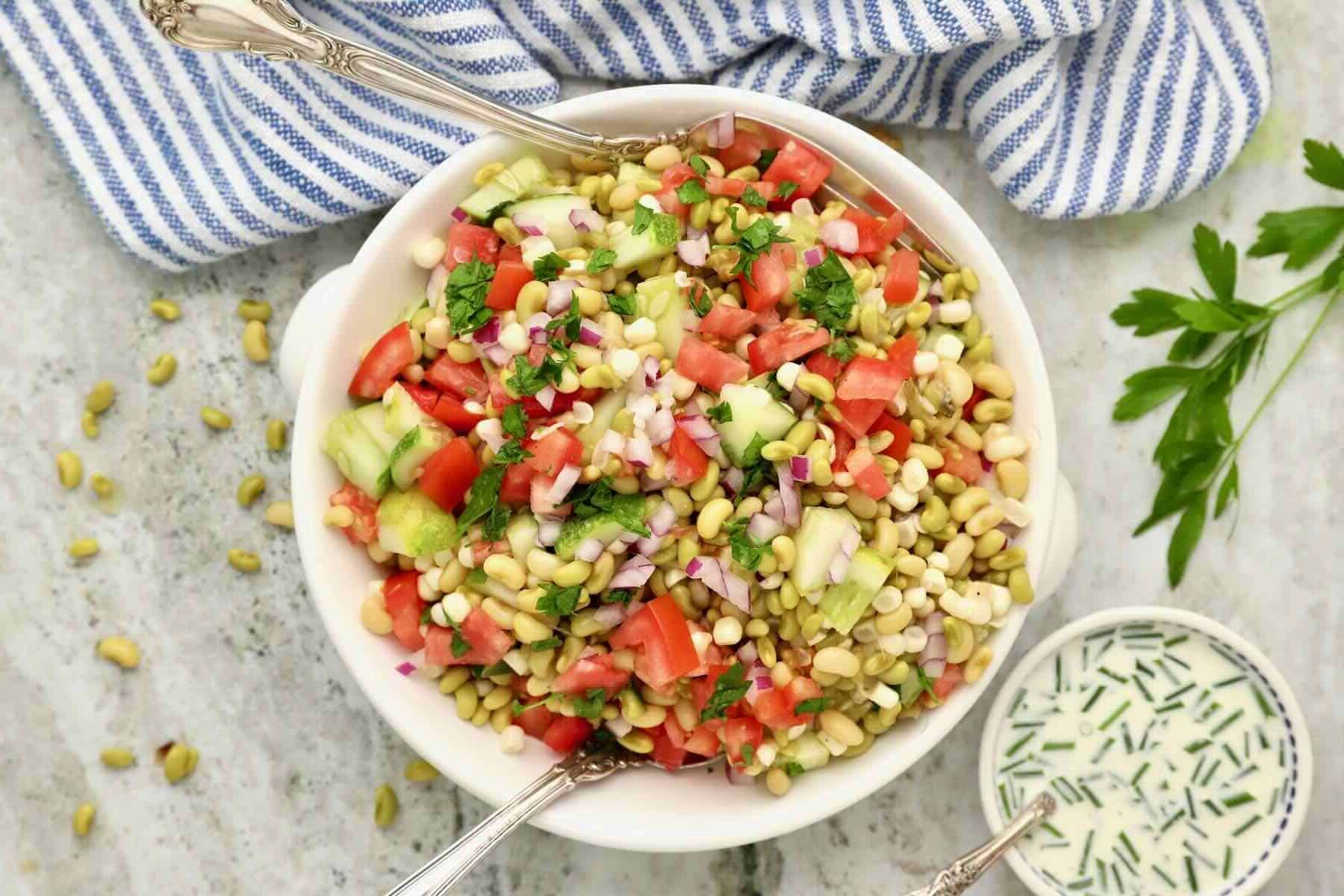 A bowl of sprouted moong salad with chopped tomatoes, cucumber, onions, and herbs, next to a creamy dressing.