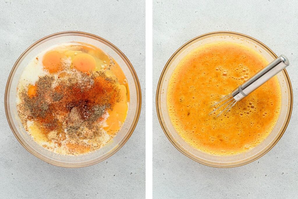Two glass bowls showing raw eggs and spices before and after being whisked together.