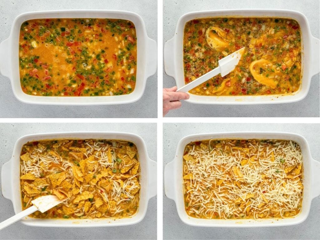 Four-step process for making migas casserole, showing ingredients being mixed.