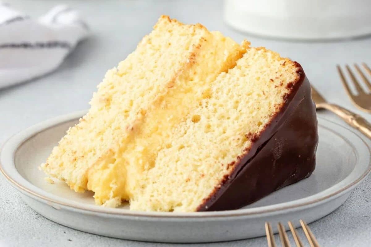 A close up shot of Boston cream pie.