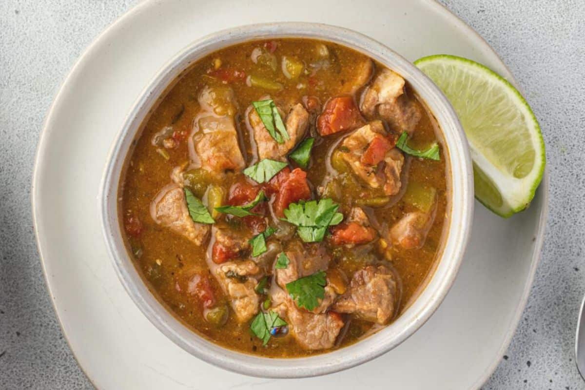 A close up shot of Colorado pork green chili.