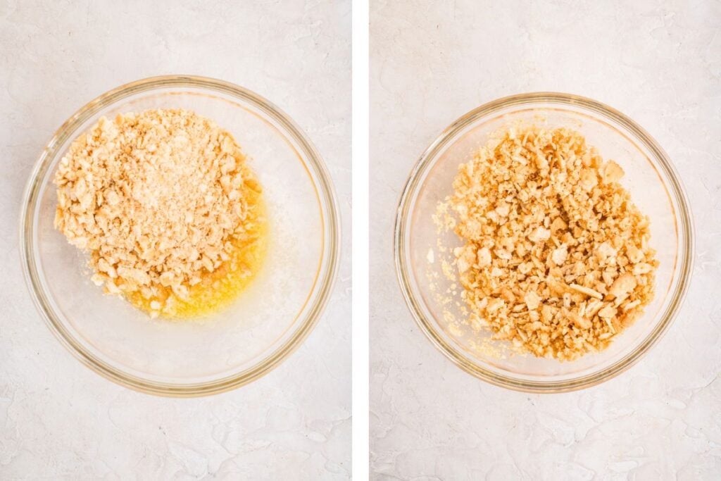 Two glass bowls: left with crushed crackers and melted butter, right with the mixture combined on a white surface.