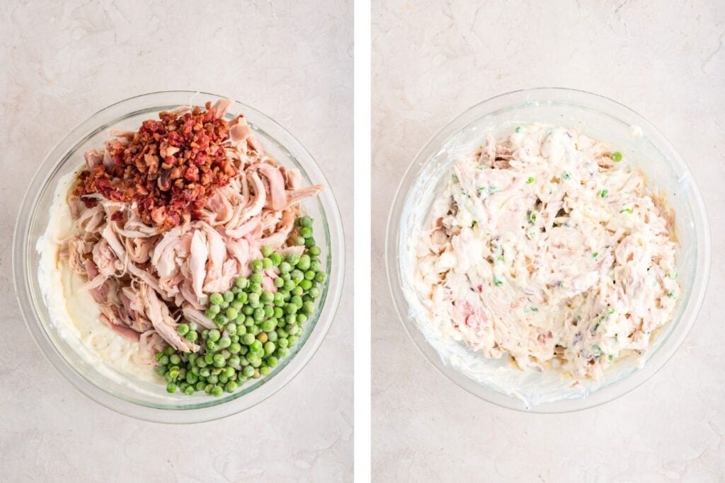 Two glass bowls: one with ingredients unmixed (chicken, peas, bacon, sauce), one with everything mixed together.