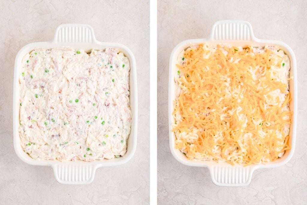 Two square casserole dishes: one with a creamy mixture, the other topped with shredded cheese, on a light surface.