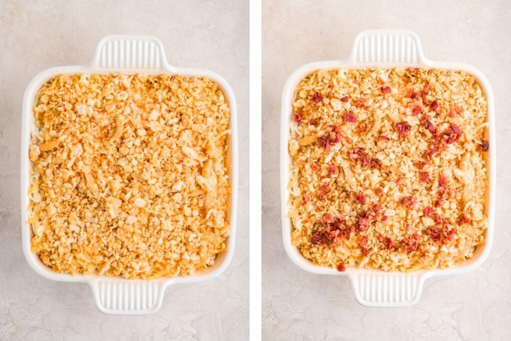 Two square dishes of casserole, one plain and one topped with crumbled bacon, on a light surface.