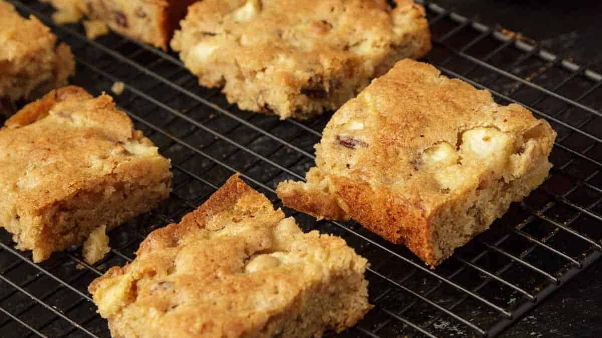 A close up shot of apple blondies.