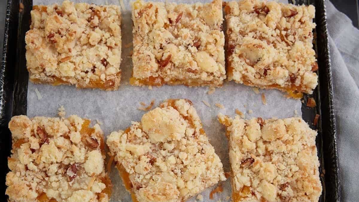 A close up shot of apricot bars.