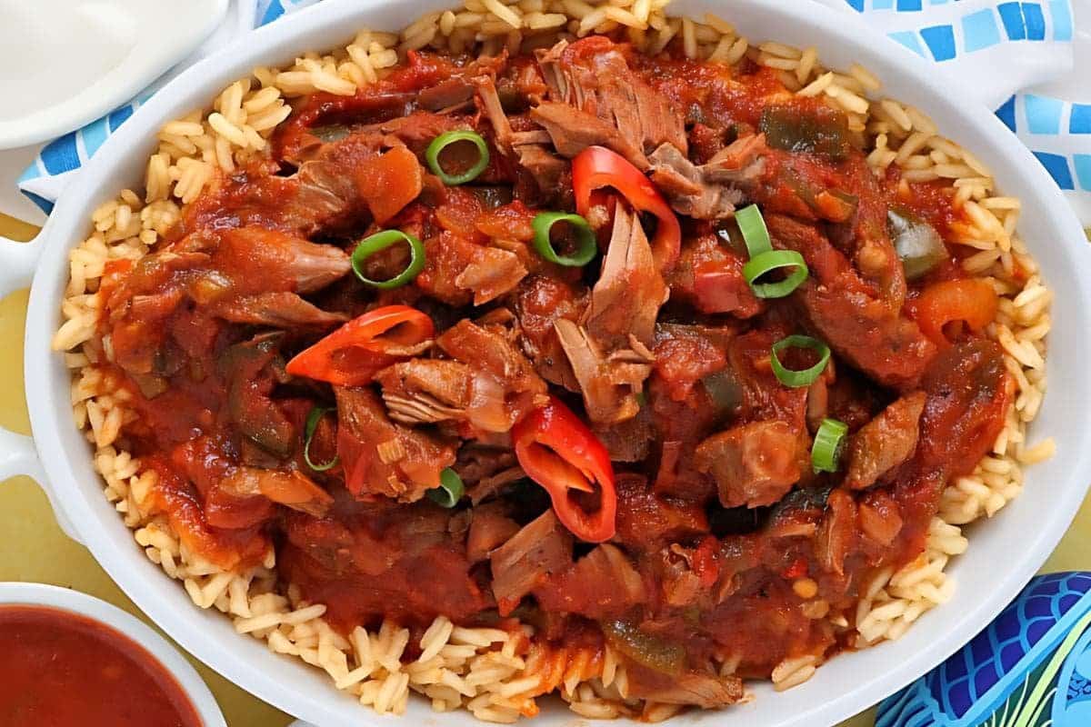 A close up shot of Mexican steak picado.