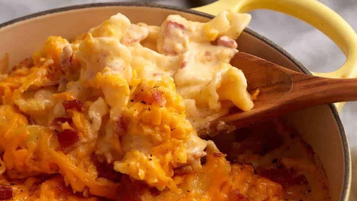A close up shot of mac and cheese.