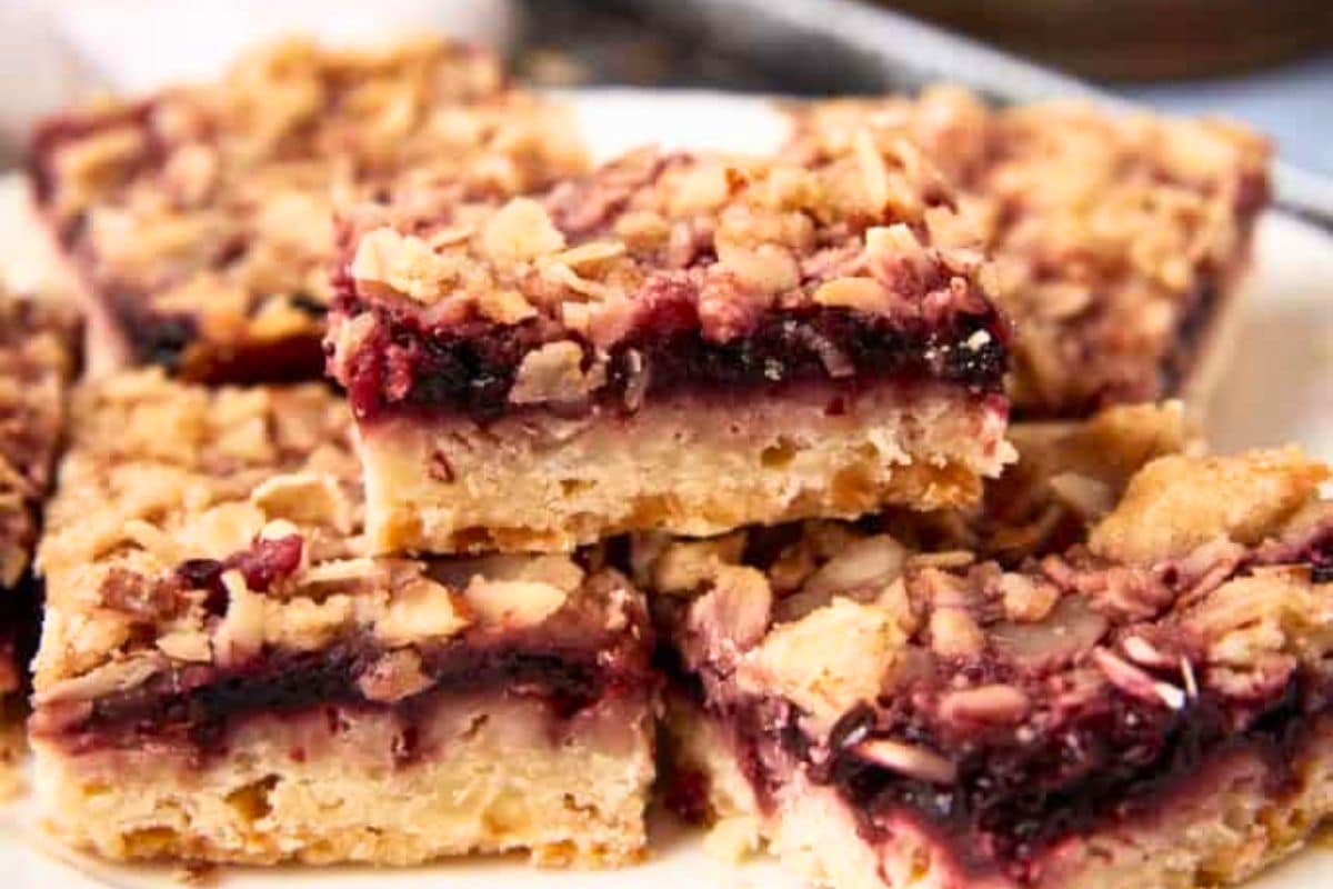 A close up shot of cherry streusel bars.