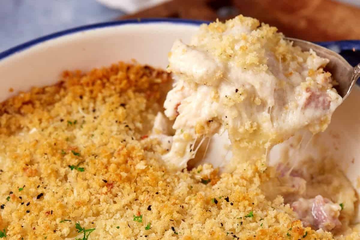 A close up shot of chicken cordon bleu casserole.