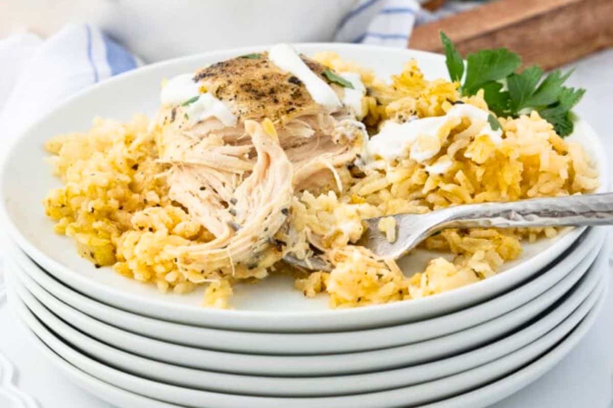 A close up shot of chicken and rice casserole.