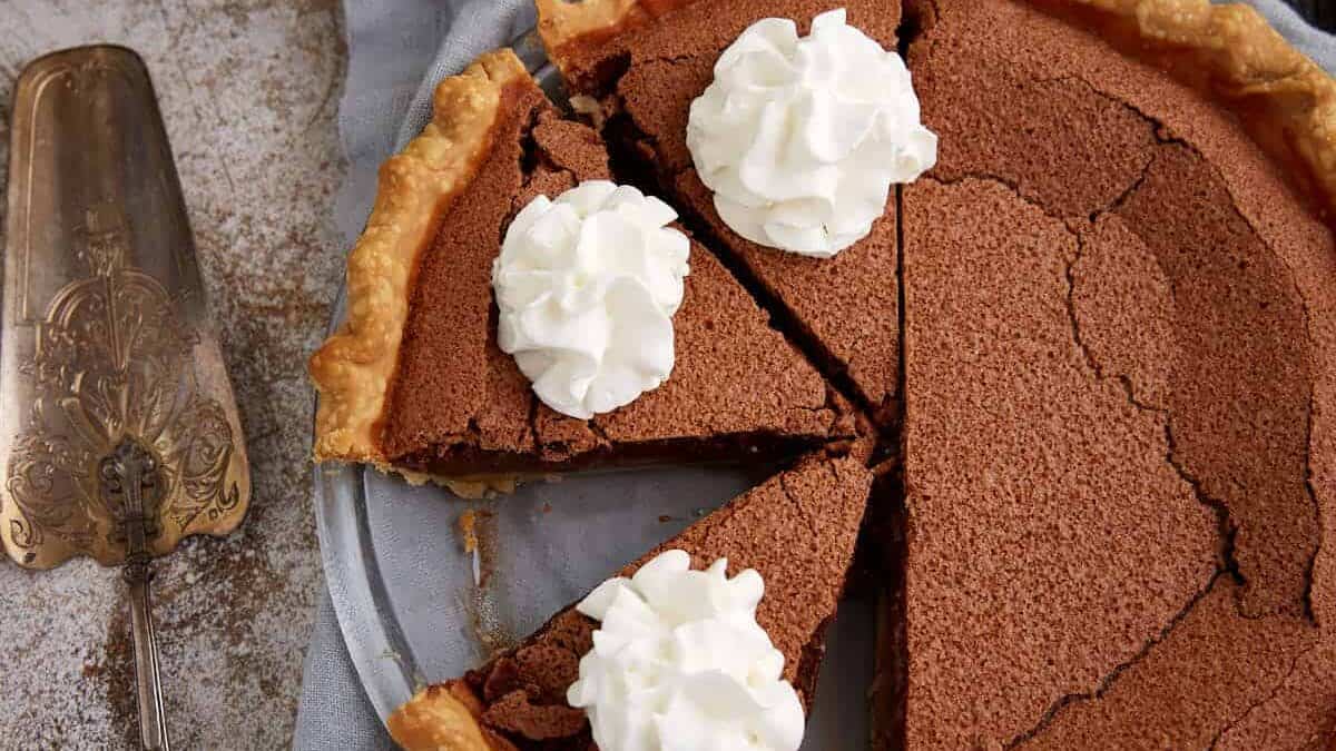 A close up shot of chocolate chess pie.