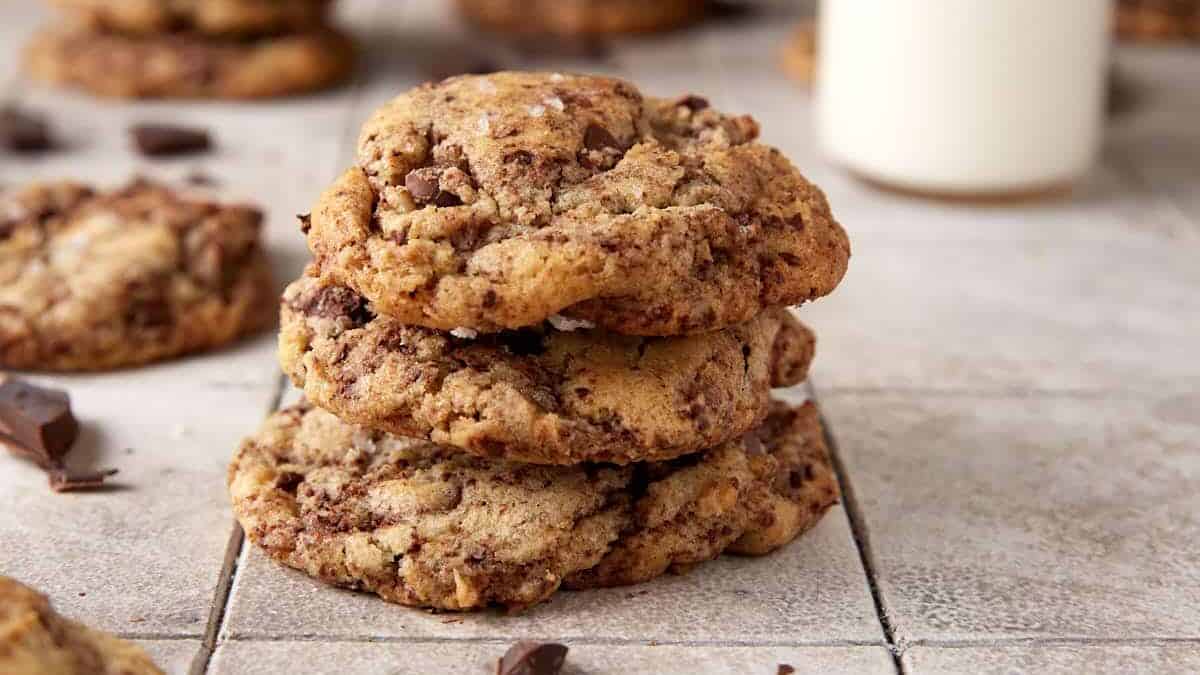 Close up shot of chocolate chip cookies.