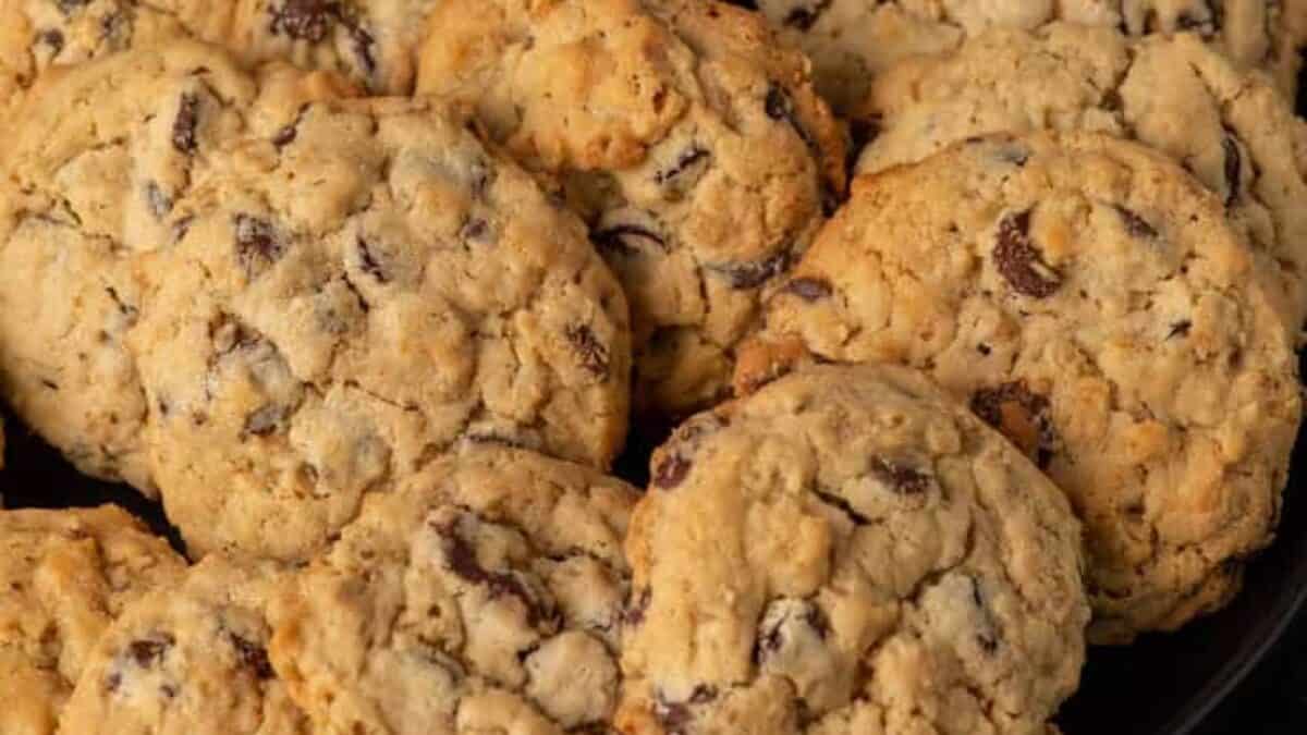 Close up shot of chocolate chip butter cookies.