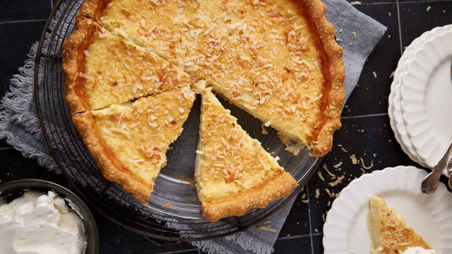 Close up shot of coconut custard pie.