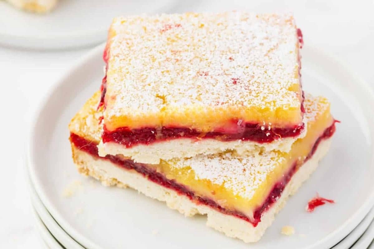 A close up shot of cranberry lemon squares.