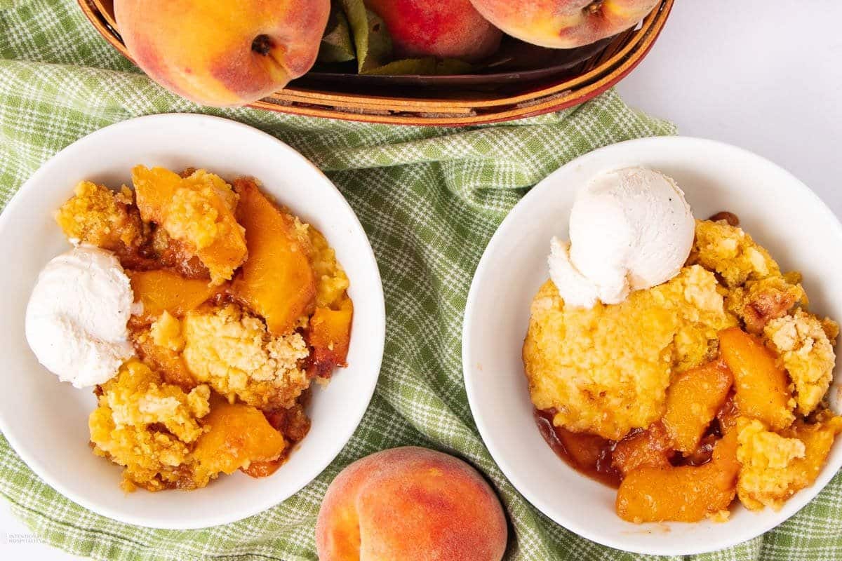 A close up shot of peach cobbler.
