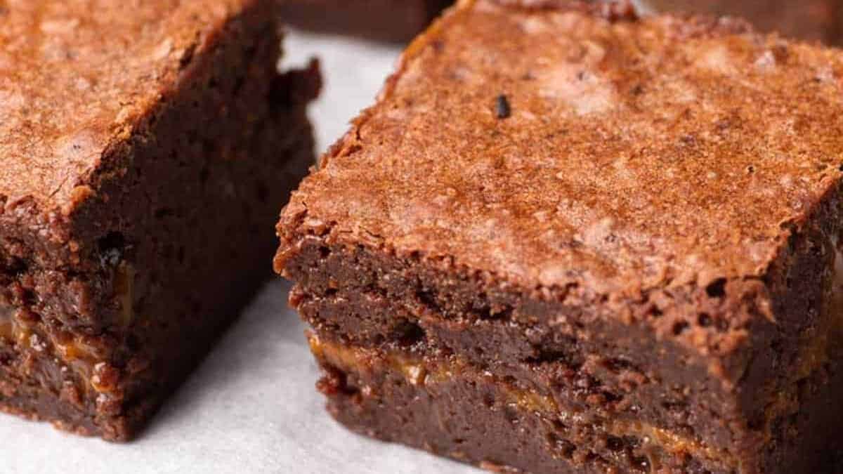 A close up shot of dulce de leche brownies.