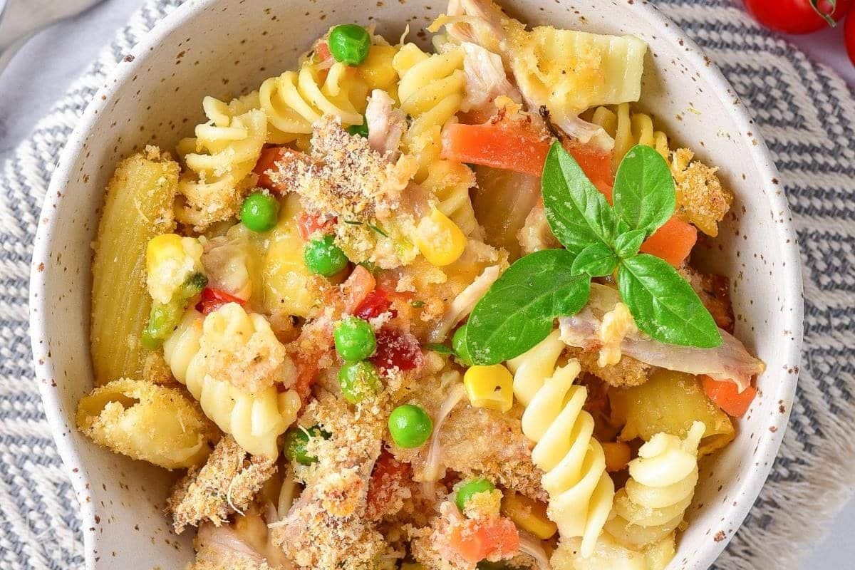 A close up shot of baked turkey pasta casserole.