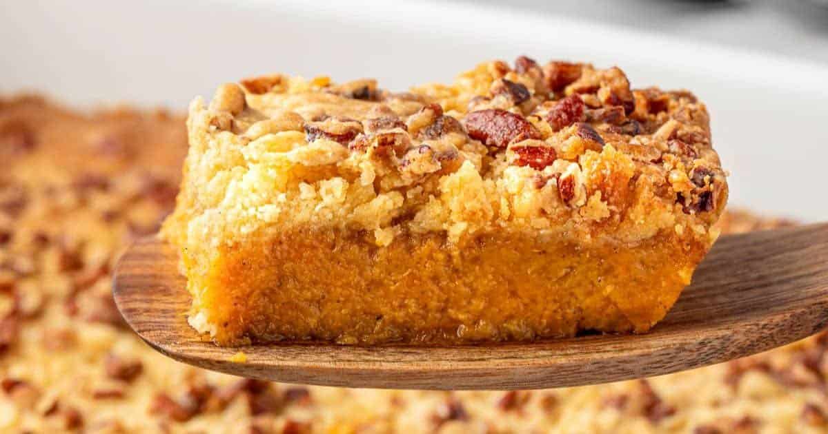 A close up shot of sweet potato dump cake.