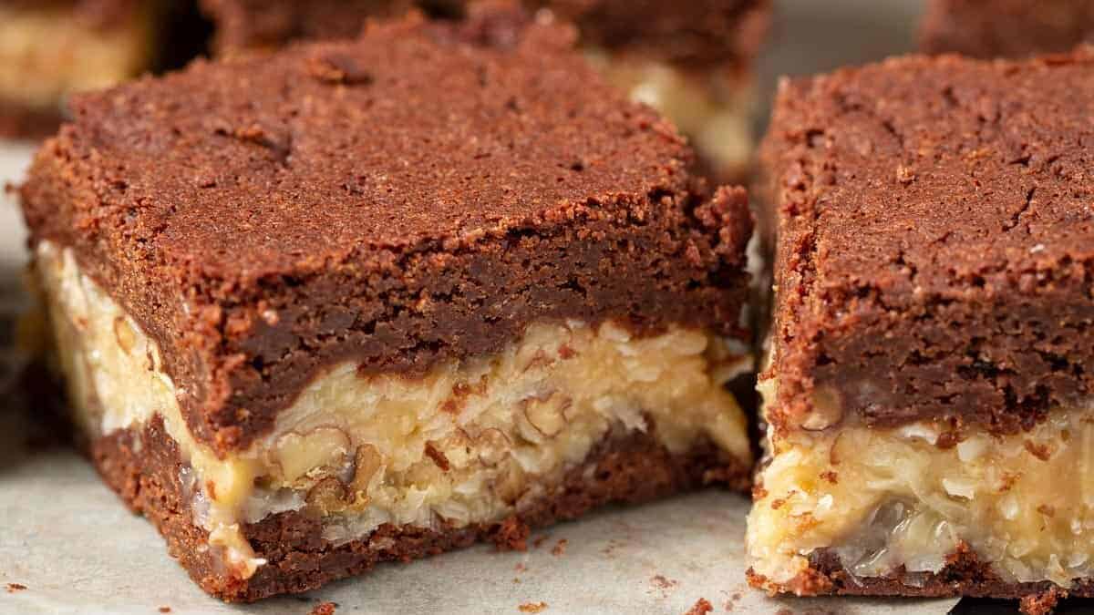 A close up shot of German chocolate brownies.