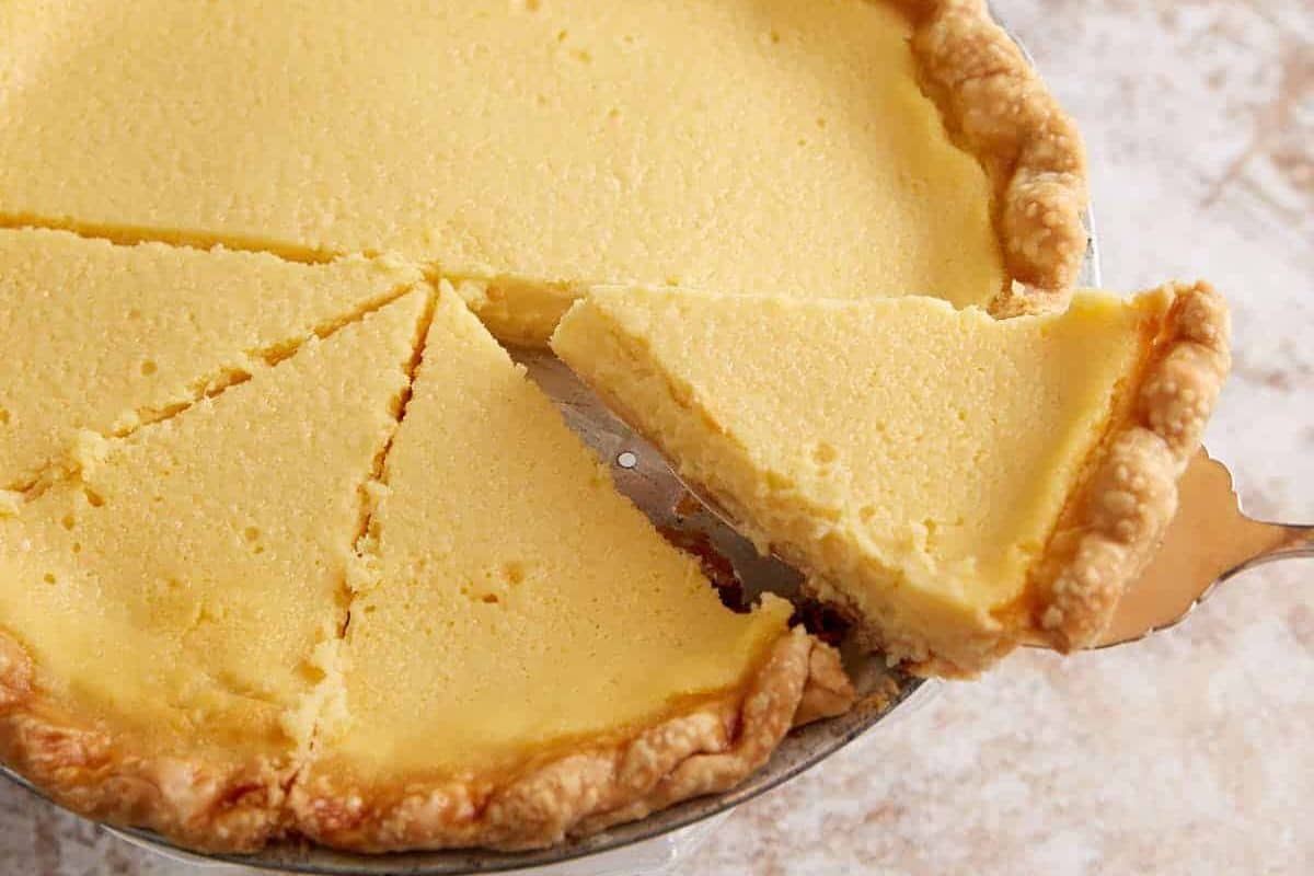 A close up shot of eggnog custard pie.
