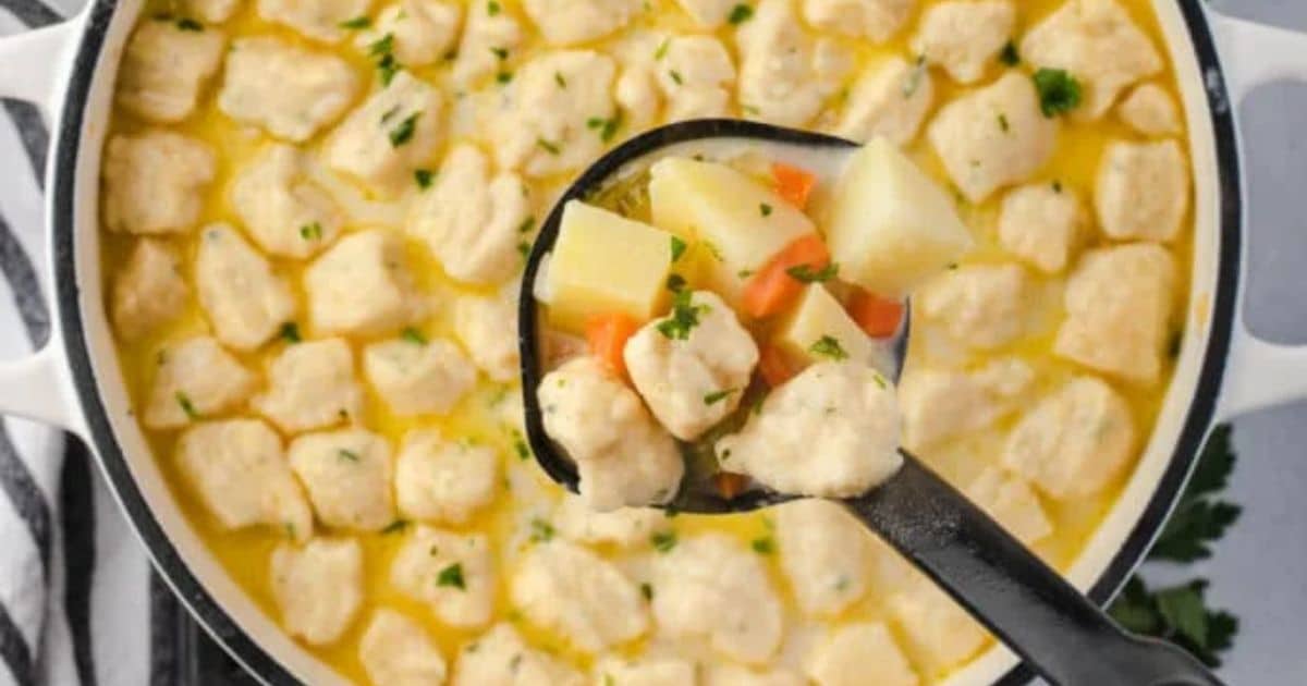 Aclose up shot of knoephla soup.