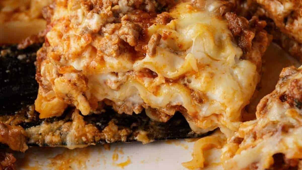 A close up shot of lasagna.