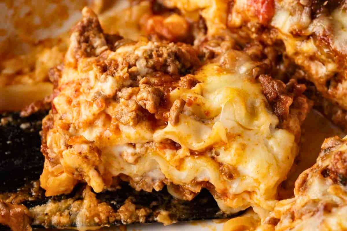 A close up shot of lasagna.